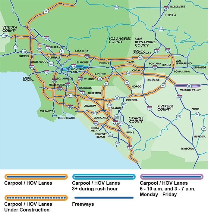 洛杉矶高速公路上拼车道的地图