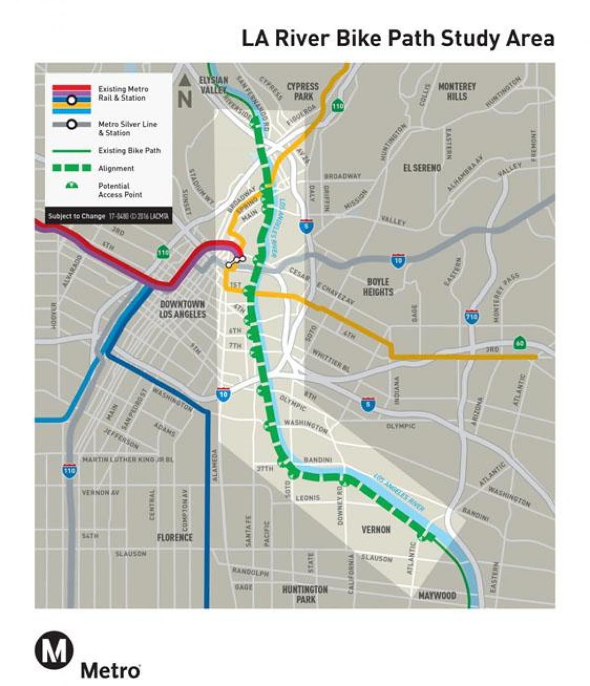 洛杉矶洛杉矶河的自行车路径图