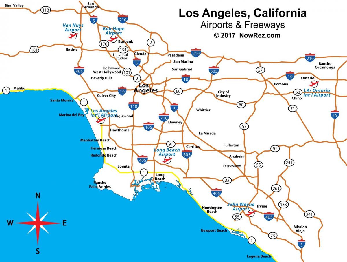 地图的加利福尼亚机场附近的洛杉矶