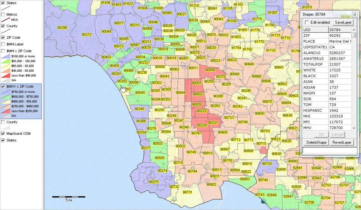 洛杉矶邮政编码的地图